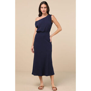 Lulus Casual Enchantment Navy Linen Off-the-shoulder Midi Dress Blue - Size L